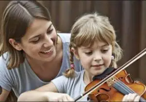 child-learning-violin-with-parent-smiling #image_title