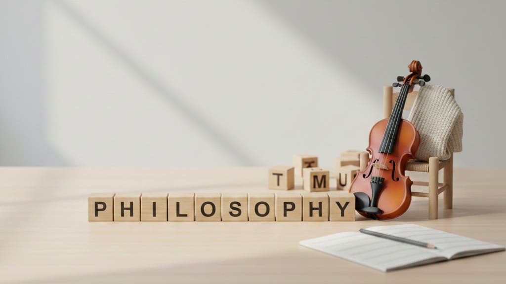 Wooden letter blocks spelling PHILOSOPHY beside a small violin and a child’s chair, representing teaching philosophy