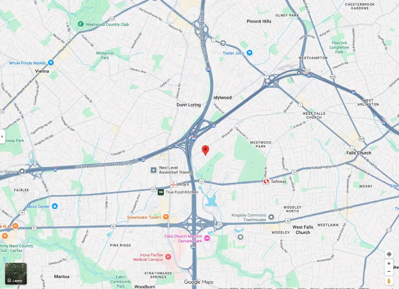 Map showing the location of Northern Virginia Suzuki Violin Studio near Falls Church, Vienna, and surrounding Northern Virginia communities